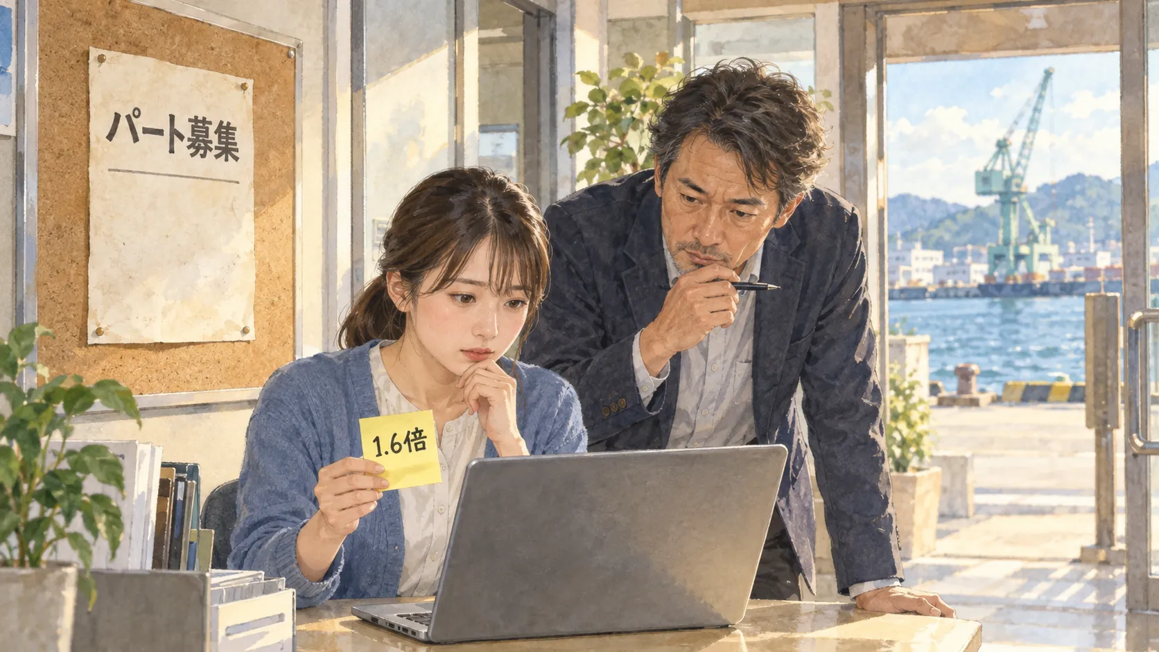 1 週間たっても応募がない張り紙。ユイが調べた「1.6 倍」の意味を、桐生と確かめる