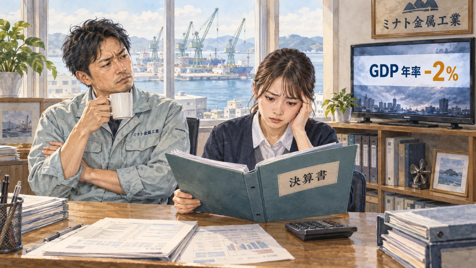 ニュースの数字が自社にどう響くのか。ミナト金属の事務所で、真一とユイが決算書を前に首をひねる