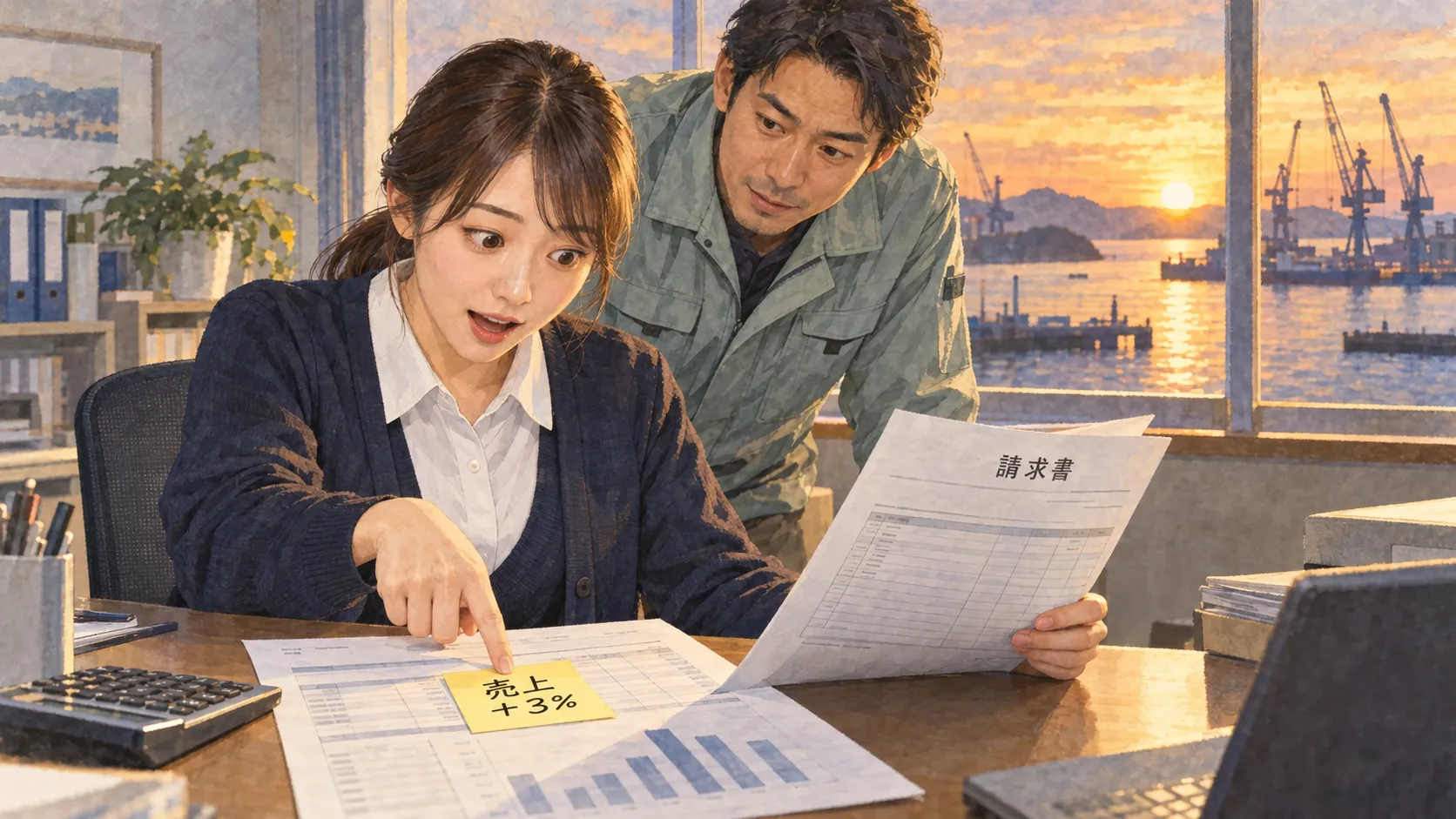 売上は 3% 増。それでも請求書の束を見比べると、ユイは増収を素直に喜べない